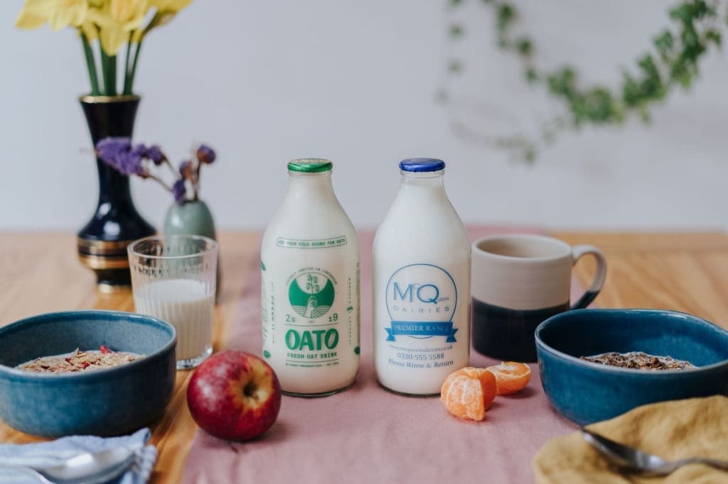 oat milk in a glass bottle