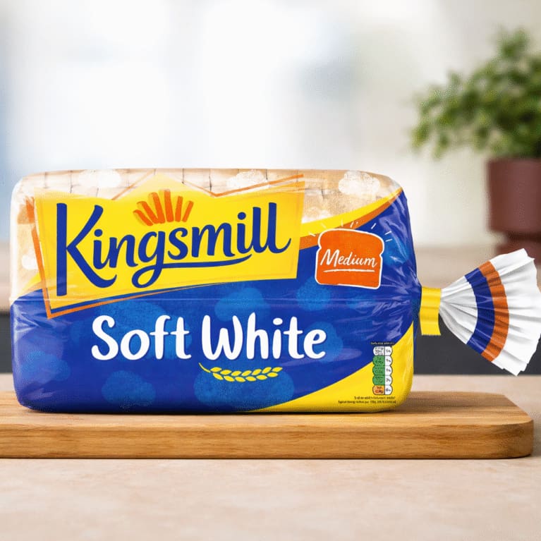 Kingsmill Soft White medium sliced bread on wooden board in kitchen setting