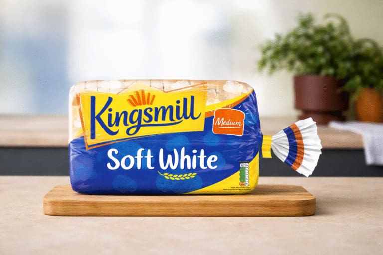 Kingsmill Soft White medium sliced bread on wooden board in kitchen setting