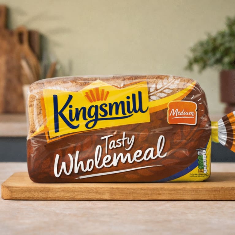 Kingsmill Tasty Wholemeal medium sliced bread on wooden board in kitchen