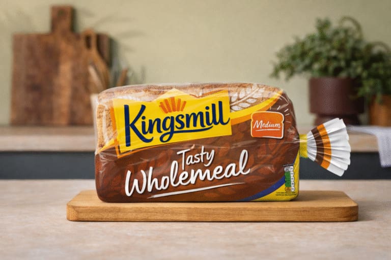 Kingsmill Tasty Wholemeal medium sliced bread on wooden board in kitchen