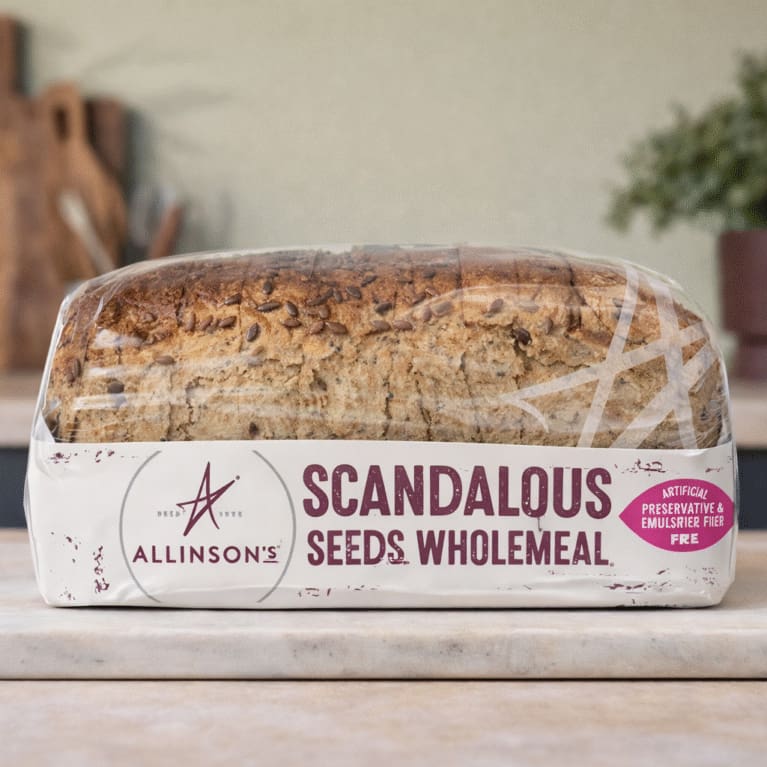 Allinson’s Scandalous Seeds Wholemeal bread on marble board in kitchen