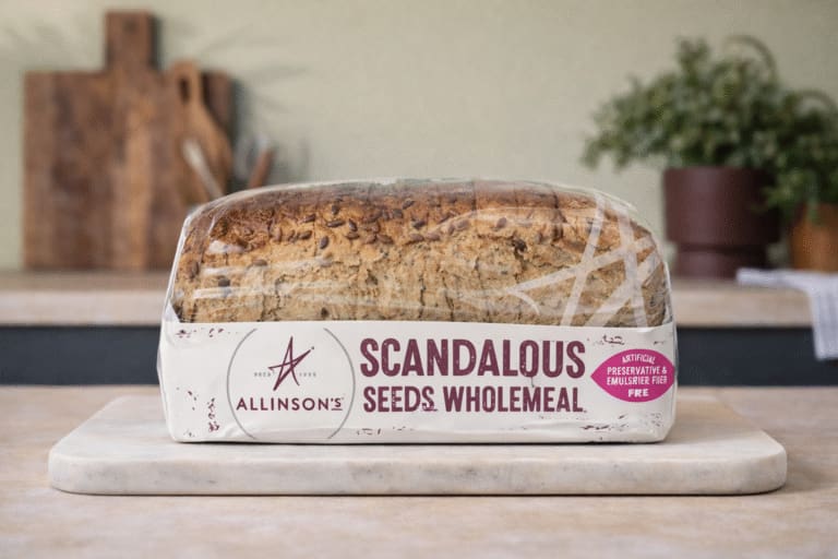 Allinson’s Scandalous Seeds Wholemeal bread on marble board in kitchen