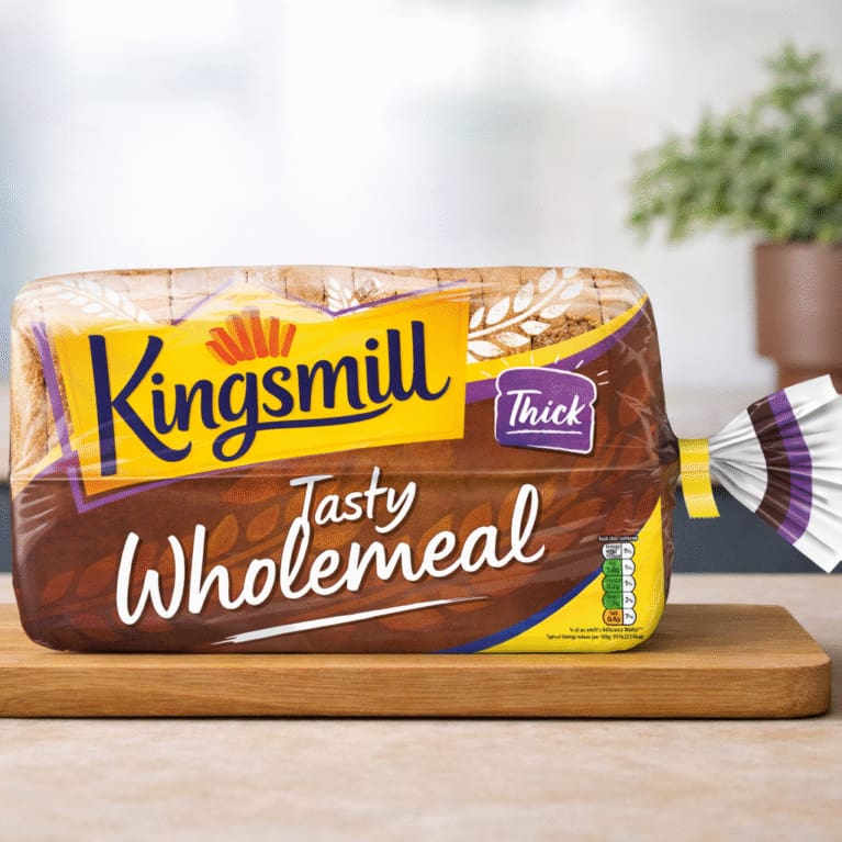 Kingsmill Tasty Wholemeal thick sliced bread on wooden board in kitchen