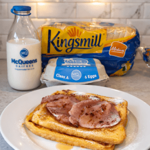 Bread with eggs, milk and bacon